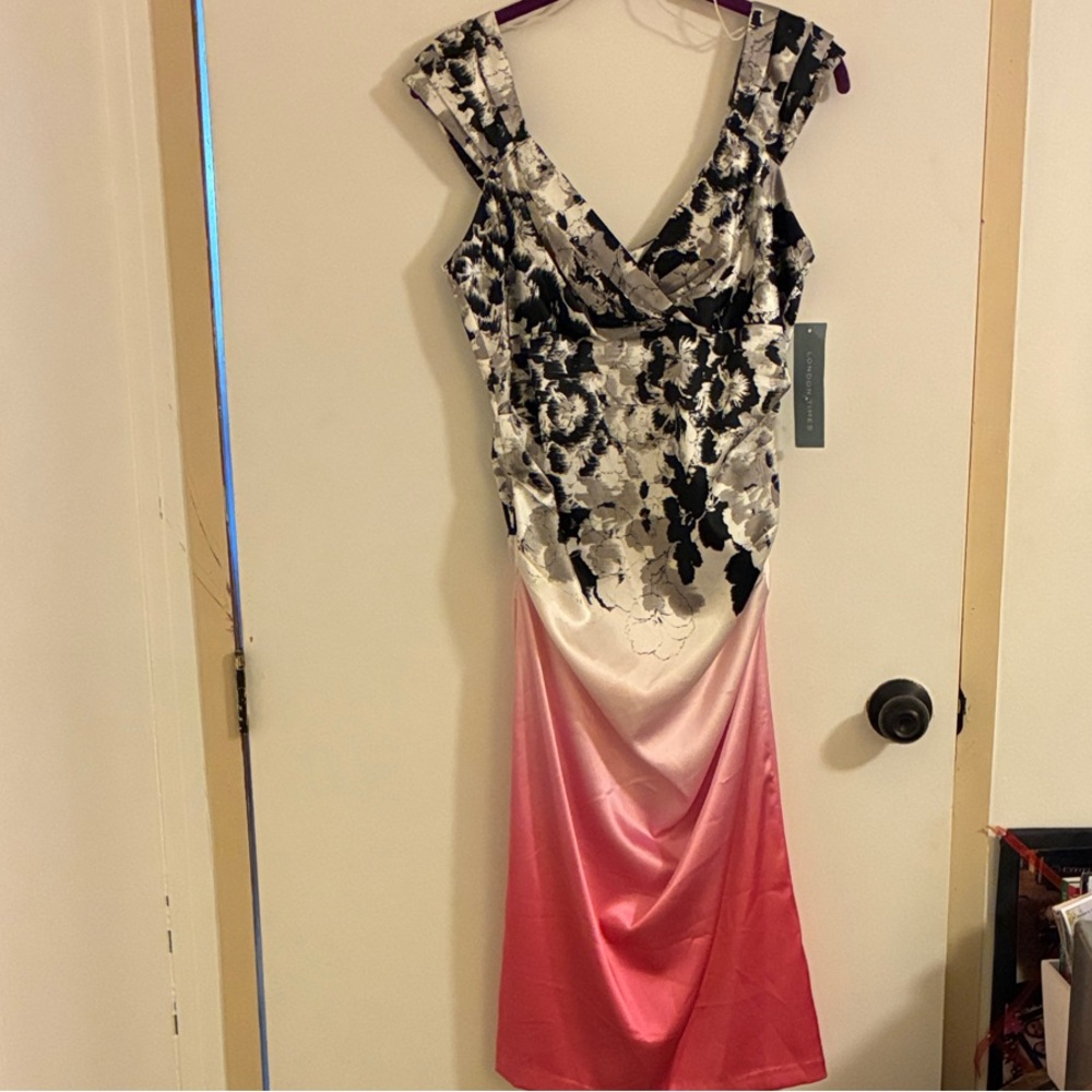 London Times Black and White Floral Midi Dress with Ombré Pink Skirt